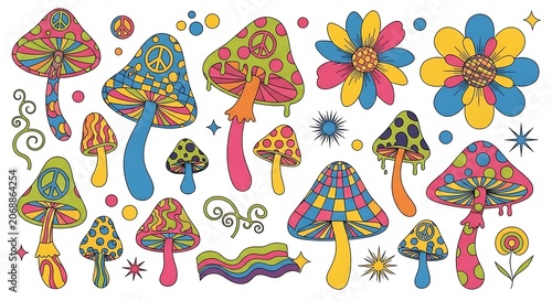 Colorful psychedelic mushrooms and flowers retro design elements