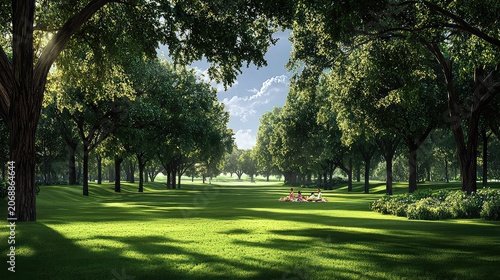 People Enjoying Picnic in Sunny Lush Green Park Tree Lined Meadow