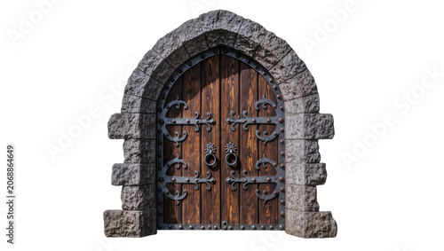 Bild auf Leinwand Gothic wooden double doors with stone arch and metal hinges