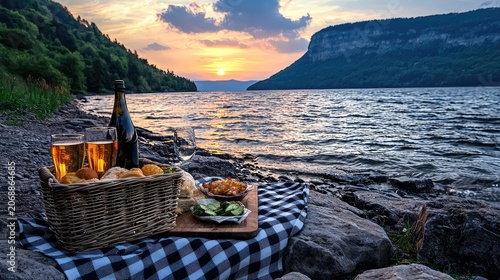 Scenic Sunset Picnic by the Lake with Refreshing Drinks