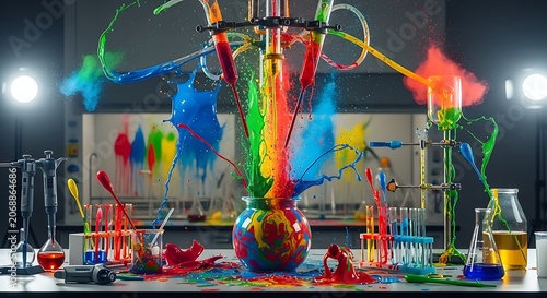 Colorful science experiment splashing liquid in laboratory setting
