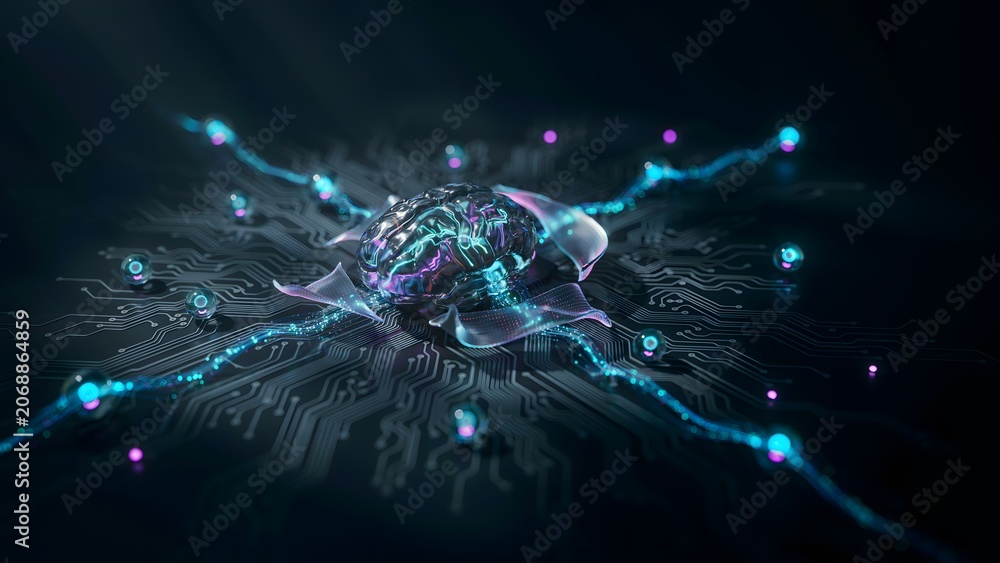 Naklejka premium Futuristic Digital Brain Network with Glowing Data Connections and Circuitry