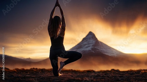 Woman Practicing Yoga Tree Pose at Sunset Before Mountain