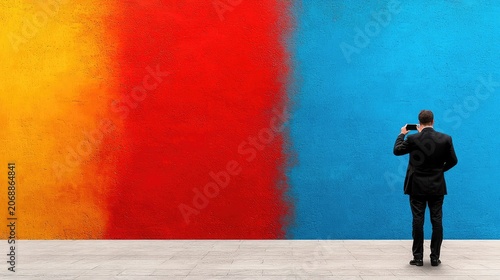 Businessman photographing vibrant colorful abstract wall