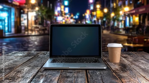 Laptop and Coffee Cup on Wooden Table with Blurred City Night Background