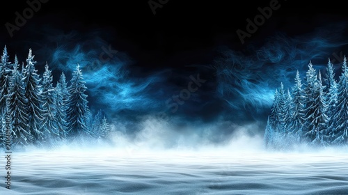 Winter Forest Landscape with Dark Blue Night Sky and Snow covered Ground