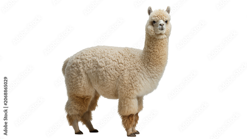 Obraz premium Fluffy cream colored alpaca standing profile view