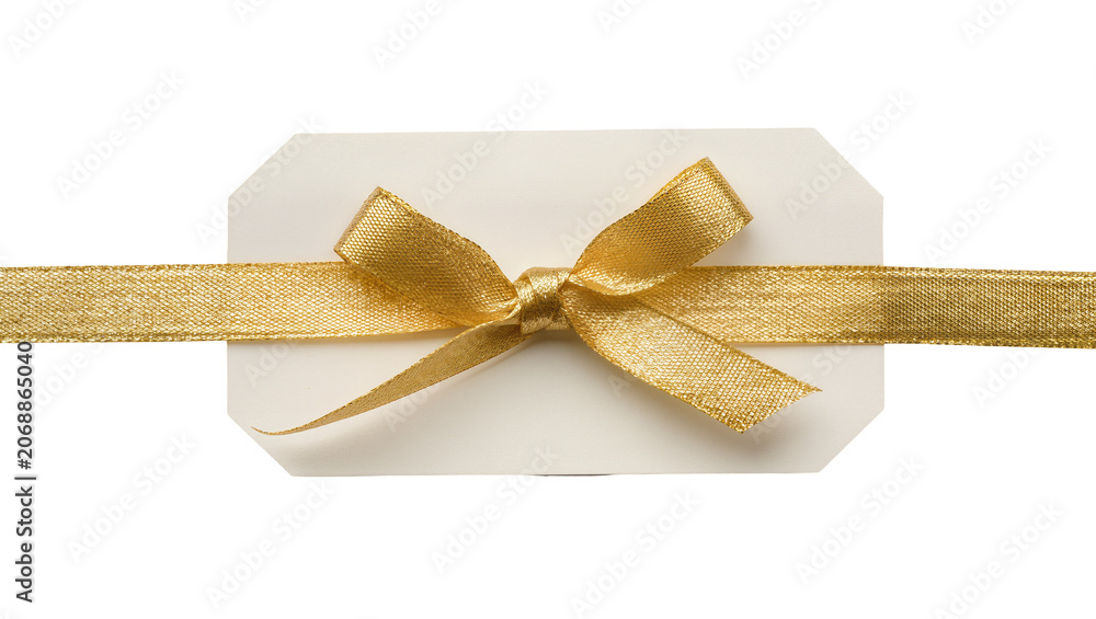 Fototapeta premium Gold ribbon tied in a bow on a white gift tag