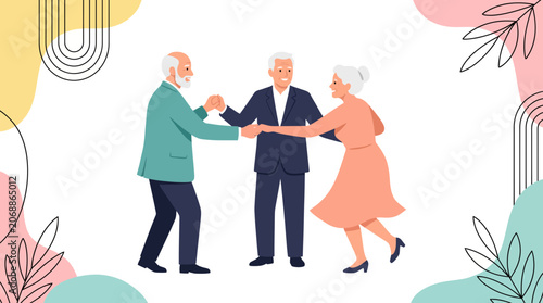 Three active senior citizens dancing together against a decorative abstract floral background.