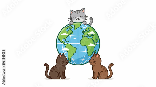 Three cute cats sitting around a globe for International Cat Day.