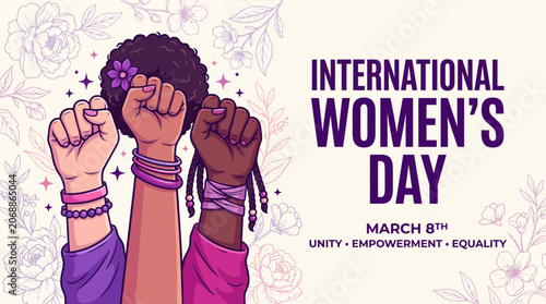 Three diverse fists raised against a floral background for International Women's Day.