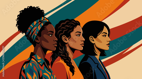 Three diverse women looking left in profile view against abstract wavy background.