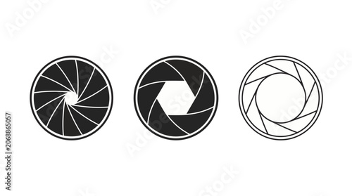 Three distinct camera shutter and aperture icon designs in black and white.