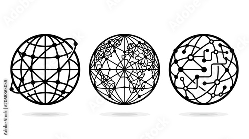 Three globes with intricate network nodes and interconnected lines.