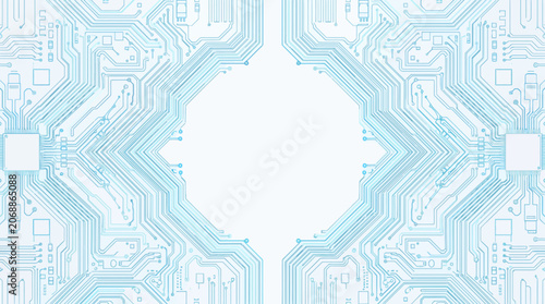 Symmetrical blue circuit board lines framing a central white diamond space.
