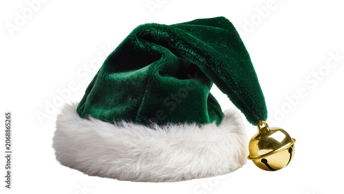 Green velvet elf hat with white fur trim and gold bell