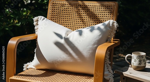Comfortable textile cushion on natural wood chair outdoors