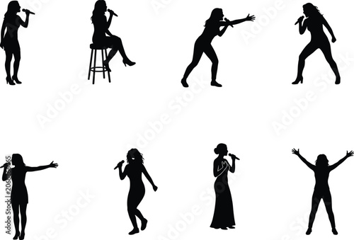 Obraz na plátně Female Singer Silhouette Collection with Microphone Performance Poses Concert Vo