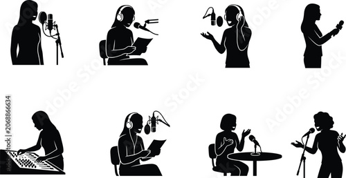 Fotografie Podcast and Audio Broadcasting Silhouette Set with Radio Host Singer Interviewer