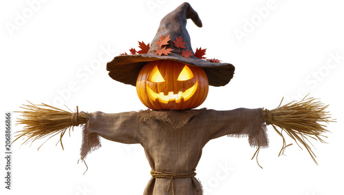 Foto Jack-o -lantern scarecrow with witch hat and straw arms