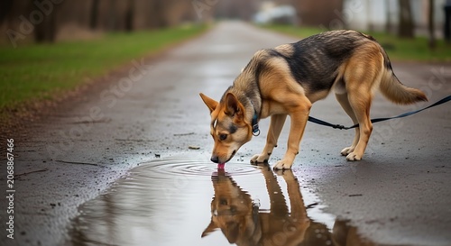 Dog drinks water from puddle on wet asphalt path outdoors