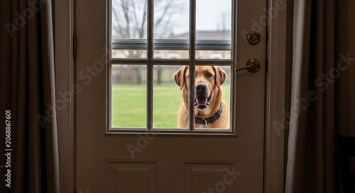 Dog looking through a glass door with a grassy yard outside