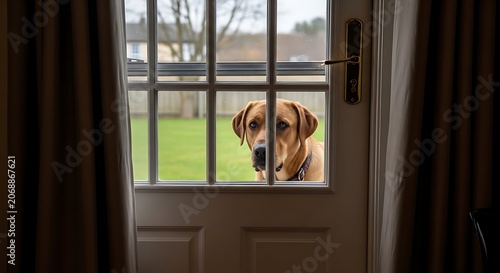 Dog looking through glass door expecting entry outdoors backyard scene