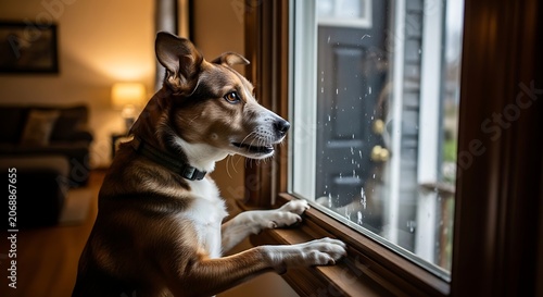 Dog peering out window observing outdoor scene with paws on sill