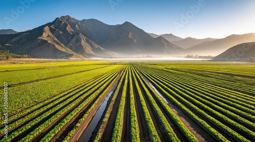 Cinematic farming landscape with mechanized irrigation over lush crop rows at sunrise. Early morning mist and vibrant agriculture set beside majestic mountains.