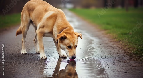 Domestic dog drinking water from puddle on rural road