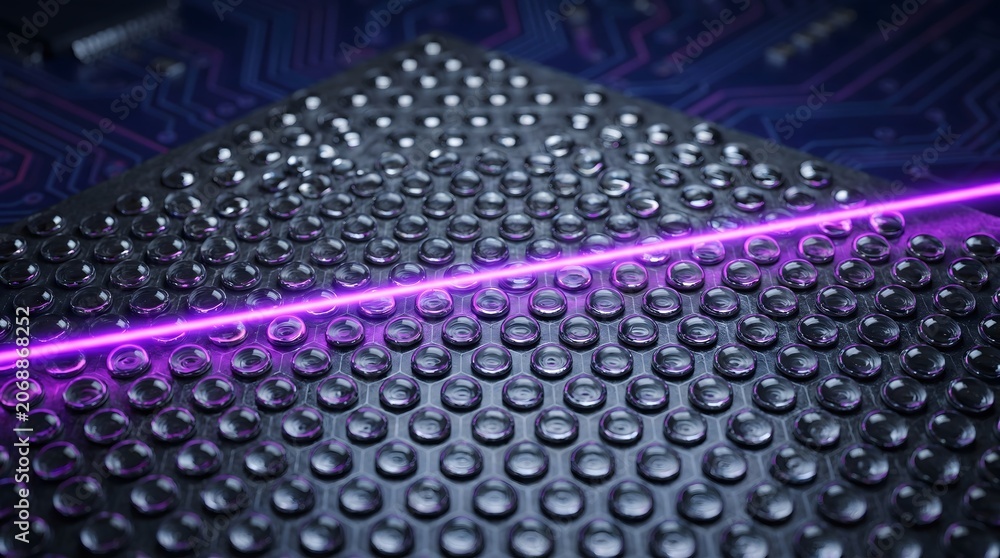 Fototapeta premium Futuristic technology surface showcasing glowing purple laser beam cutting through intricate grid of transparent domes for innovation
