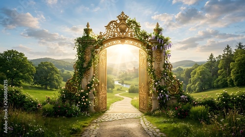 Golden gate to a serene landscape with rolling hills and lush greenery. Magic gate background images. A golden gate with a beautiful garden.