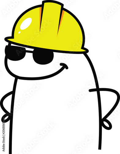 Smiling cartoon character wearing yellow hard hat and sunglasses