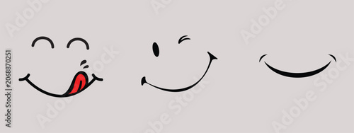Smiling faces with different expressions on gray background