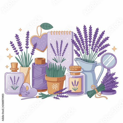Lavender flowers in glass bottles and pots with aromatherapy set