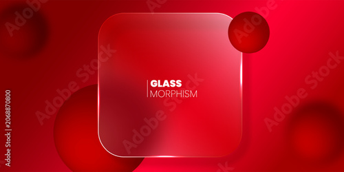 Fotografie Abstract background with glass morphism effects with a matte translucent square panel and red spheres hovering against a deep red background