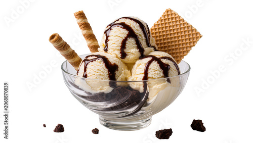 Fotografía Vanilla ice cream sundae with chocolate syrup wafer cookie, and wafer rolls