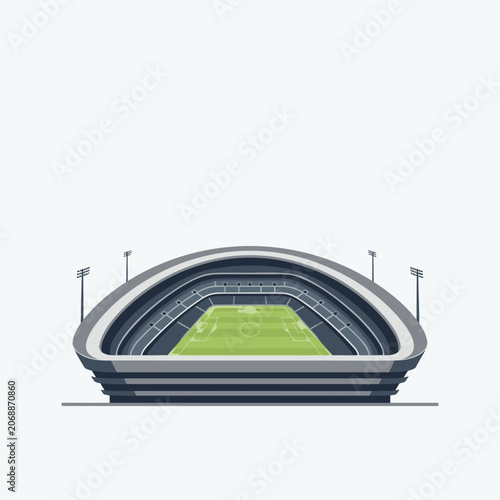 Modern football stadium with green grass field and bright stadium lights