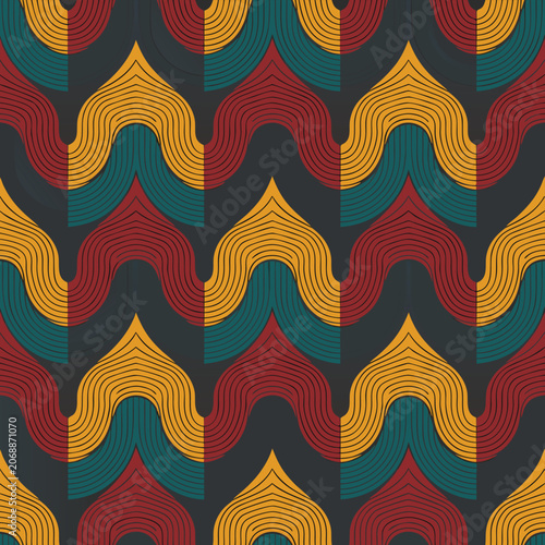 Seamless pattern with golden waves and deep green and purple shapes