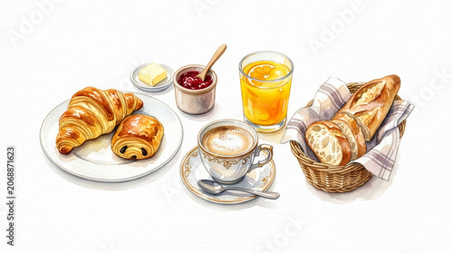 Watercolor French breakfast set hand painted toast, butter, eggs, and coffee, isolated food illustrations on white background