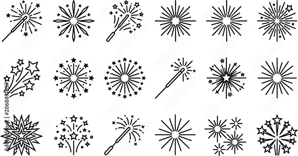 Obraz premium Firework and Sparkler Line Icon Set with Starry Bursts Festive Celebrations and New Year Party Graphic Design Elements for Web Layouts