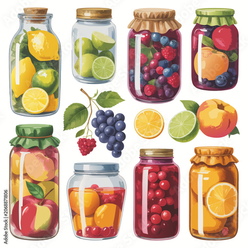 Set of glass jars with fresh fruits and berries for healthy food storage