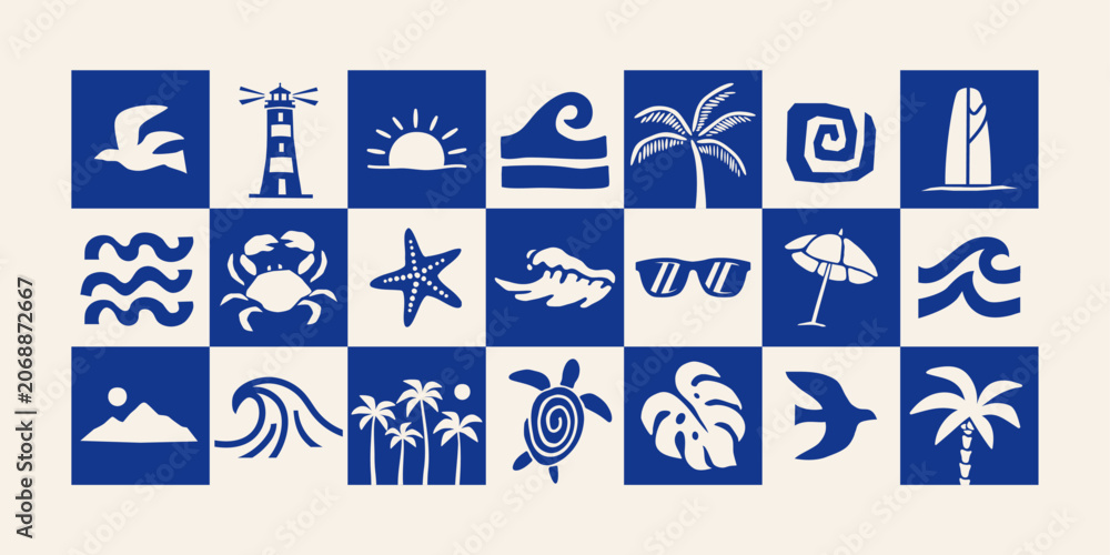 Obraz premium Tropical beach icon vector set with waves, palm trees, surfboards, and coastal symbols. Minimal summer illustrations perfect for branding, travel graphics, and seaside designs.