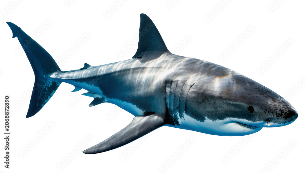 Obraz premium Great White Shark swimming side view, detailed skin texture