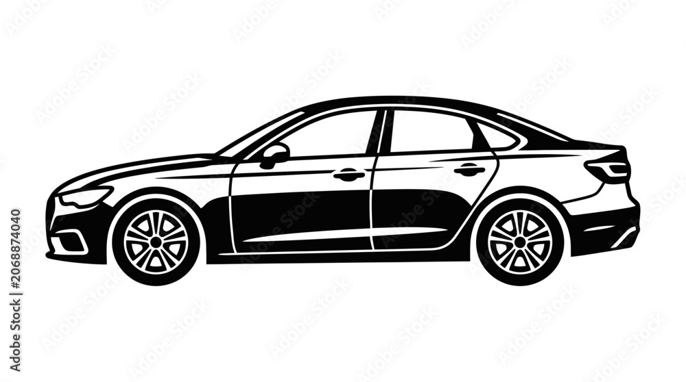 Naklejka premium Modern Sedan Car Silhouette, Vector Illustration, Black and White