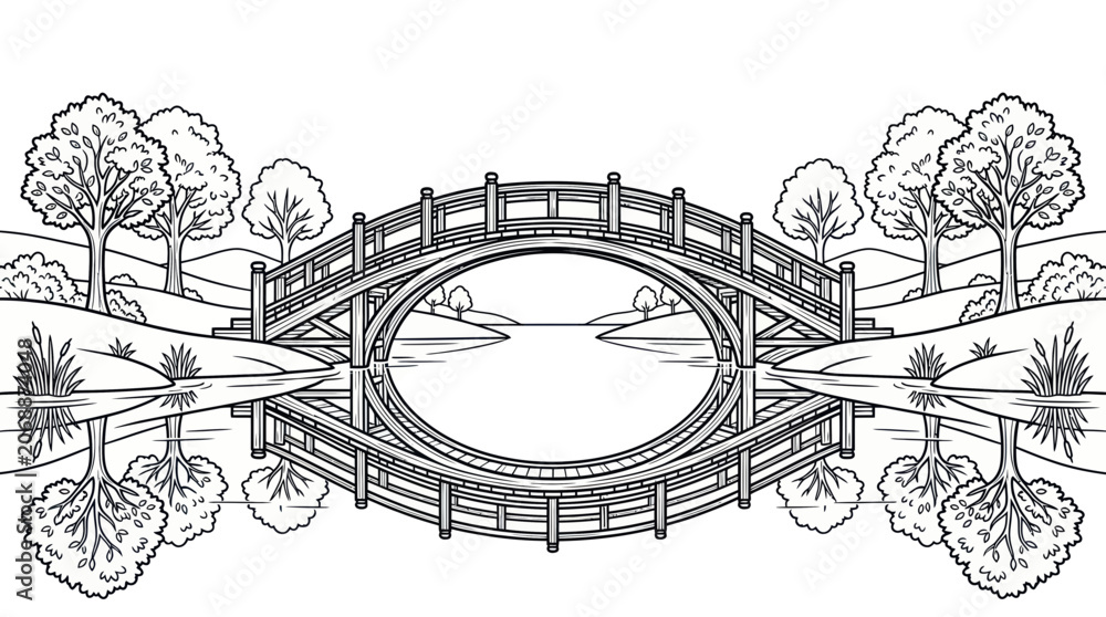 Obraz premium Ornate Bridge Over Calm Water, Reflections, Trees, Landscape Drawing