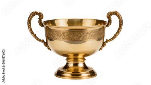 Ornate golden trophy cup with decorative handles and embossed band