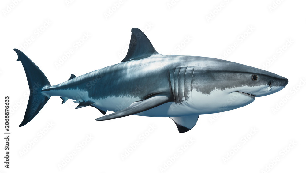 Fototapeta premium Great White Shark swimming side view, detailed skin texture