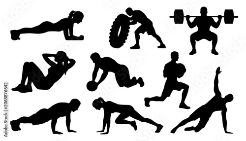 Cuadro en lienzo Fitness and Gym Silhouettes Collection with Plank, Tire Flip, Squat, Lunges, Sit