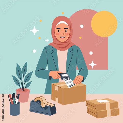 Urban Hijab Woman Entrepreneur Packing Ecommerce Orders for Online Small Business - Modern Minimalist Vector Illustration
